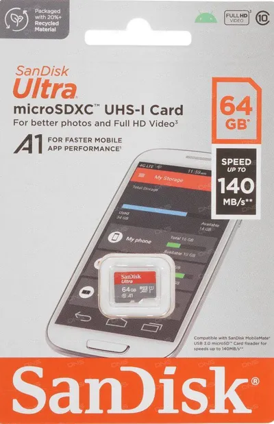 Micro SecureDigital 64GB SanDisk Ultra Class 10, UHS-I, R 140 МБ/с, <SDSQUAB-064G-GN6MN> без адаптера SD