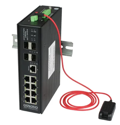Коммутатор Osnovo промышленный управляемый (L2+) HiPoE Gigabit Ethernet на 8GE PoE + 4 GE SFP порта с функцией мониторинга температуры/ влажности/ напряжения. Порты: 1 x GE (10/100/1000Base-T) с PoE BT (до 90W) + 7 x GE (10/100/1000Base-T) с PoE (до 30W) + 4 x GE SFP (1000Base-X). Уровень управления L2+. Соответствует стандартам PoE IEEE 802.3af/at/bt. Автоматическое определение и режим антизависания PoE устройств. управление питанием. Суммарная мощность PoE до 300W.Встроенная система мониторинга температуры/ напряжения + внешний датчик температуры/ влажности. Поддержка ПО OSNOVO Monitoring System. Выходы типа "Сухой контакт", Цифровой вход. Встроенная грозозащита 6кВ, электростатическая защита 8кВ. Питание: 2 x входа DC37-57V(315W). БП в комплект НЕ входит. Монтаж на DIN-рейку или на стену (крепление в комплекте). Размеры (ШхВхГ): 50х187х130мм. Вес: 1,3кг. Рабочая температура: -40…+80°С.