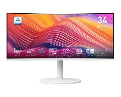 Монитор 34" MSI Modern MD342CQPW VA 3440x1440, 120 Гц, 4 мс (GtG), 21:9, изогнутый (1500R), HDMI 2.0b (x2), DisplayPort 1.4a, USB-C (98 Вт), встроенные динамики, Flicker Free, Low Blue Light, Adaptive-Sync, HDR Ready, регулировка по высоте, поворотная подставка, подставка для телефона, белый
