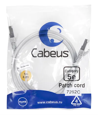 Патч-корд Cabeus PC-FTP-RJ45-Cat.5e-1m Патч-корд F/UTP, категория 5е, 2xRJ45/8p8c, экранированный, серый, PVC, 1м