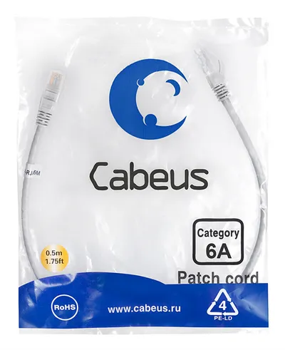 Патч-корд Cabeus PC-UTP-RJ45-Cat.6a-0.5m-LSZH Патч-корд U/UTP, категория 6а (10G), 2xRJ45/8p8c, неэкранированный, серый, LSZH, 0.5м