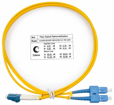 FOP(d)-9-LC-SC-1m Коммутационный шнур оптический Cabeus tight buffer Duplex SC/LC (UPC/UPC) OS2 9/125 LSZH D 3мм 1м цвет: жёлтый