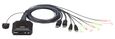 Переключатель KVM ATEN (CS22DP-AT) KVM,  1 user USB+DisplayPort+AUDIO =>  2 cpu USB+DisplayPort+AUDIO, со встр.шнурами USB 2x1.2м., 2560x1600, настол