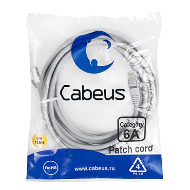 Патч-корд S/FTP, категория 6а (10G), 2xRJ45/8p8c, серый, LSZH, 5м Cabeus PC-SSTP-RJ45-Cat.6a-5m-LSZH Патч-корд S/FTP, категория 6а (10G), 2xRJ45/8p8c, экранированный, серый, LSZH, 5м
