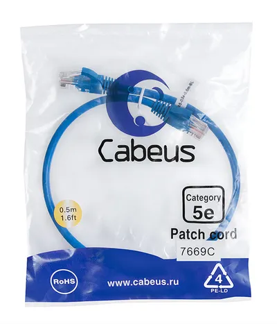 Патч-корд U/UTP, категория 5е, 2xRJ45/8p8c, неэкранированный, синий, PVC, 0.5м Cabeus PC-UTP-RJ45-Cat.5e-0.5m-BL Патч-корд U/UTP, категория 5е, 2xRJ45/8p8c, неэкранированный, синий, PVC, 0.5м