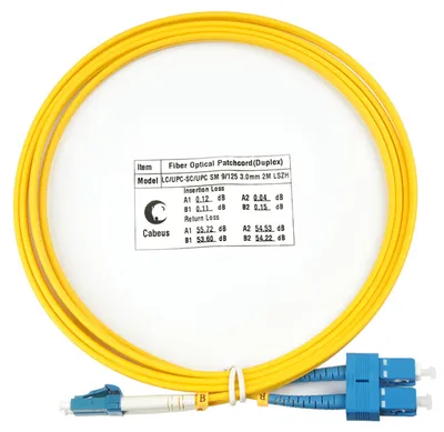 FOP(d)-9-LC-SC-2m Коммутационный шнур оптический Cabeus tight buffer Duplex SC/LC (UPC/UPC) OS2 9/125 LSZH D 3мм 2м цвет: жёлтый