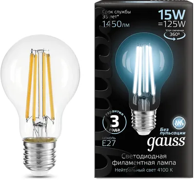 Лампа LED Gauss 102902215, 15Вт, E27, 4100K, груша, филаментная
