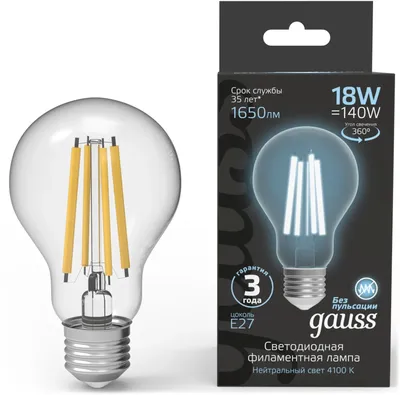 Лампа филам. Gauss Filament 18Вт цок.:E27 груша 220B св.свеч.бел.нейт. (упак.:10шт) (102902218)