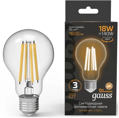 102902118 Лампа филам. Gauss Filament 18Вт цок.:E27  груша  220B  св.свеч.бел.теп. (упак.:10шт)