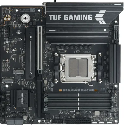 Материнская плата ASUS TUF GAMING B850M-E WIFI, AM5, AMD B850, 4xDDR5, 4xSATA, 3xM.2, 1xPCIe 5.0 x16, 1xPCIe 3.0 x1, 1xHDMI, 2xDP, 1x2.5Gb LAN, Wi-Fi 6E, Bluetooth 5.3, 1xUSB-C 10Gbps, 1xUSB-A 10Gbps, 2xUSB-A 5Gbps, 4xUSB-A 2.0, 3x3.5 мм, 7.1, mATX