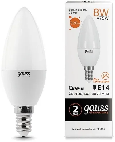 Лампа светодиодная Gauss Elementary 33118, 8Вт, E14, свеча, 3000K