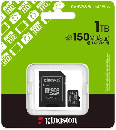 SDCS3/1TB - Карта памяти, Kingston, SDCS3/1TB, MicroSDXC 1TB, Canvas Select Plus, A1, U3, V30, c адаптером SD