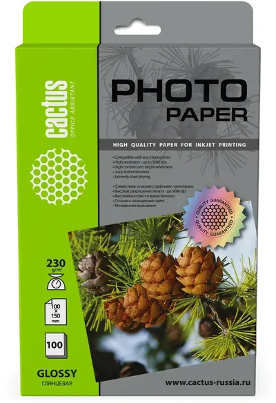 Фотобумага Cactus CS-GA6230100, 10×15см, 230г/м², глянцевая, 100л.