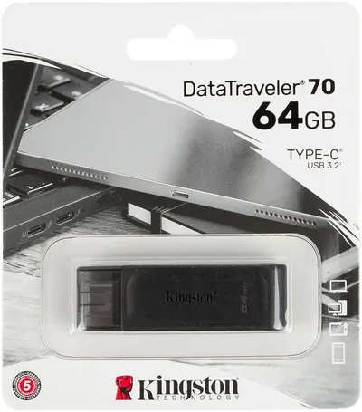 USB накопитель Kingston - DataTraveler 70, USB Type C (USB 3.2 Gen 1), 64 ГБ, цвет чёрный, DT70/64GB