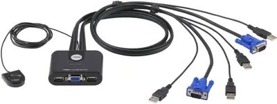 Переключатель, электрон., KVM,  1 user USB+VGA =>  2 cpu USB+VGA, со встр.шнурами USB 2x0.9м., 2048x1536, настол., исп.стандарт.шнуры, без OSD, некаскад., (переключение между портами только выносной кнопкой!)/ 2 PORT USB KVM SWITCH