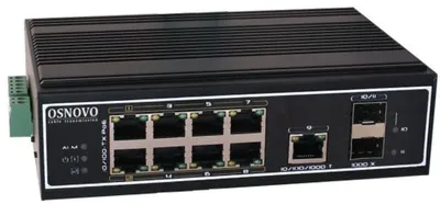 Промышленный PoE коммутатор Gigabit Ethernet OSNOVO SW-60812/I Промышленный PoE коммутатор на 11 портов. Порты: 6 x FE (10/100Base-T) с PoE (до 30W) + 2 x FE (10/100Base-T) с PoE (до 60W) + 1 x GE (10/100/1000Base-T) + 2 x GE SFP (1000Base-X). В