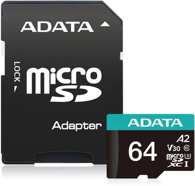 <109365> Карта памяти microSD .64Gb ADATA Premier Pro Series microSDXC Class 10 U3 V30 A2 (SD адаптер) [AUSDX64GUI3V30SA2-RA1]