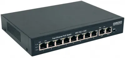 Коммутатор Osnovo, PoE, Fast Ethernet на 10 RJ45 портов. Порты: 8 x FE (10/100 Base-T) с поддержкой PoE (IEEE 802.3af/at), 2 x GE (10/100/1000 Base-T). Соответствует стандартам PoE IEEE 802.3af/at. Автоматическое определение и режим антизависания PoE устройств. Мощность PoE на порт - до 30W. Суммарная мощность PoE - до 120W. Поддержка режима CCTV: Увеличение расстояния передачи данных и питания до 250м, изоляция портов (VLAN). Встроенная грозозащита 6кВ. Питание: AC100-240V (123W). Размеры (ШxВxГ): 210x35x150мм. Рабочая температура: -10...+55 гр. С.