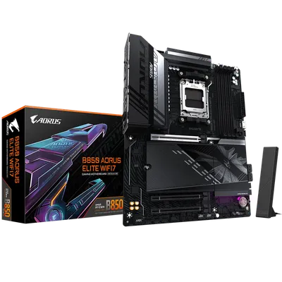 Материнская плата Gigabyte B850 AORUS ELITE WIFI7, Socket AM5, AMD B850, 4xDDR5-5200, HDMI+DP, 3xPCI-Ex16, 4xSATA3(RAID 0/1/10), 3xM.2, 8 Ch Audio, 1x2,5GLan, WiFi, (4+4)xUSB2.0, (7+2)xUSB3.2, (1+1)xUSB Type-C™, 1xPS/2, ATX, RTL