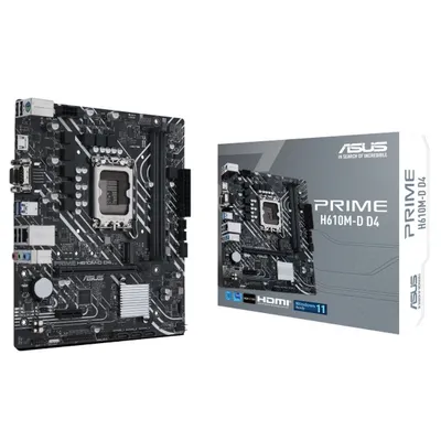 Материнская плата ASUS PRIME H610M-D D4, LGA 1700, Intel H610, 2xDDR4, 4xSATA, 1xM.2, 1xPCIe 4.0 x16, 1xPCI, 1xHDMI, 1xVGA, 1x 1Gb LAN, 2xUSB-A 2.0, 2xUSB-A 3.2 Gen 1, 3x3.5 мм, 7.1, mATX