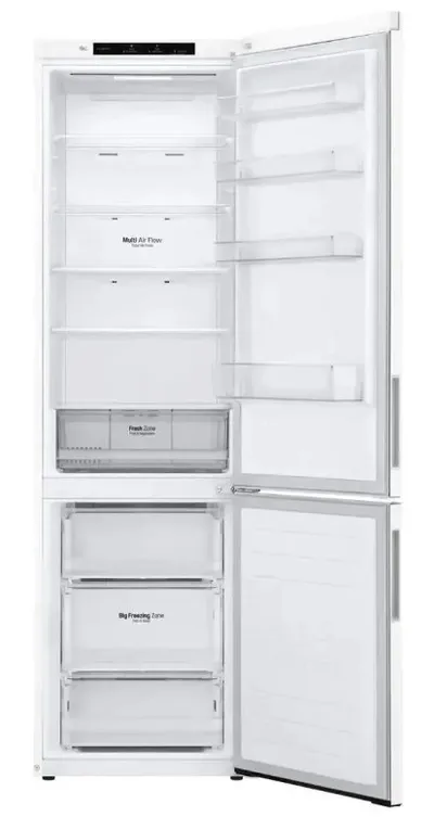 Холодильник LG, отдельностоящий, ВхШхГ 2030х595х682 мм, объем 384 (277+107) л, внутренний LED дисплей, Total No Frost, LED освещение, зона свежести, технология DoorCooling, инверторный компрессор, энергоэффективность А+, цвет белый