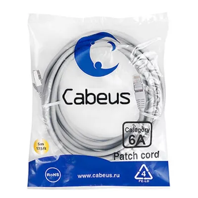 Патч-корд S/FTP, категория 6а (10G), 2xRJ45/8p8c, серый, LSZH, 5м Cabeus PC-SSTP-RJ45-Cat.6a-5m-LSZH Патч-корд S/FTP, категория 6а (10G), 2xRJ45/8p8c, экранированный, серый, LSZH, 5м