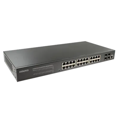 Коммутатор/ OSNOVO SW-24G4SF-L2 Управляемый L2+ коммутатор Gigabit Ethernet на 28 портов.Порты: 24 x GE (10/100/1000Base-T) + 4 x GE SFP (1000Base-X), Консольный порт; Уровень управления L2+ (Full managed); Поддержка Jumbo Frame 10K, IGMP Snooping, DHCP-сервер.  Встроенная грозозащита 6kV на порт. Монтаж в 19" стойку, крепление в комплекте. Питание: встроенный БП AC100-240V(25W). Размеры (ШхВхГ): 440x44x200мм. Рабочая температура: 0...+40°С.