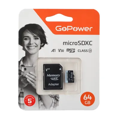 Карта памяти GoPower 00-00025676, microSD 64GB, Class10, V30