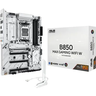 Материнская плата ASUS B850 MAX GAMING WIFI W, AM5, AMD B850, 4xDDR5, 4xSATA, 3xM.2, 1xPCIe 5.0 x16, 1xPCIe 4.0 x4, 2xPCIe 3.0 x1, DisplayPort, HDMI, 1x2.5Gb LAN, USB Type-C, 3x3.5 мм, 7.1, ATX