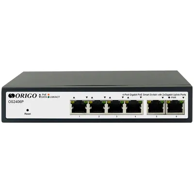 Коммутатор Настраиваемый (Smart) ORIGO - OS2406P/60W/A1A, Layer 2, 4-PoE, 6-1GbE, ROM-16MB, Web, настольный, OS2406P/60W/A1A