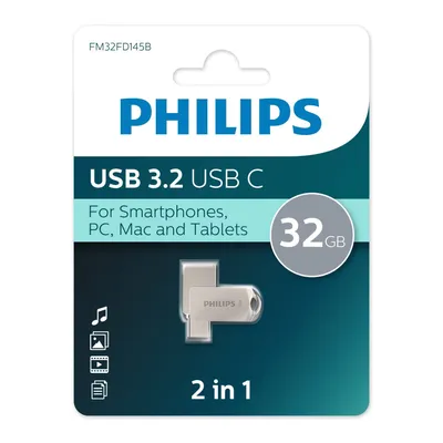 PHILIPS USB Drive 32Gb PHILIPS 2-in-1 USB 3.2 USB C, OTG, USB 3.2/Type-C, Металл, 100 MB/s
