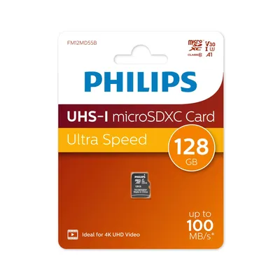 Micro SecureDigital 128GB Philips High Speed  microSDHC Class UHS-I U3, V30, A1, 100MB/s (FM12MD55B/97)