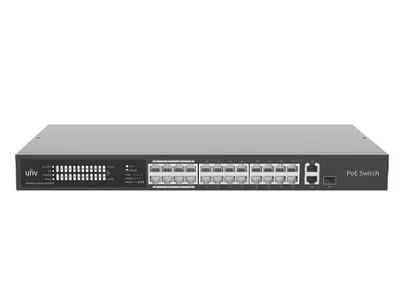 Коммутатор 26-портовый Uniview NSW2020-24T1GT1GC-POE-IN, 24x100Mbps POE, 11000Mbps, 11000Mbps комбо, бюджет мощности 370 Вт, максимальная мощность на порт 30 Вт, PoE
