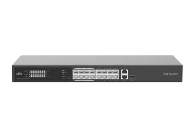 Коммутатор 16-портовый Uniview NSW2020-16T1GT1GC-POE-IN, 16x100Mbps POE, 11000Mbps, 11000Mbps комбо, бюджет мощности 225 Вт, максимальная мощность на порт 30 Вт, PoE