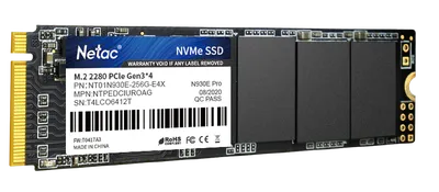 SSD накопитель Netac SSD N930E Pro 256GB PCIe 3 x4 M.2 2280 NVMe 3D NAND, R/W up to 2040/1270MB/s, IOPS(R4K) 150K/180K, TBW 150TB, 3y wty