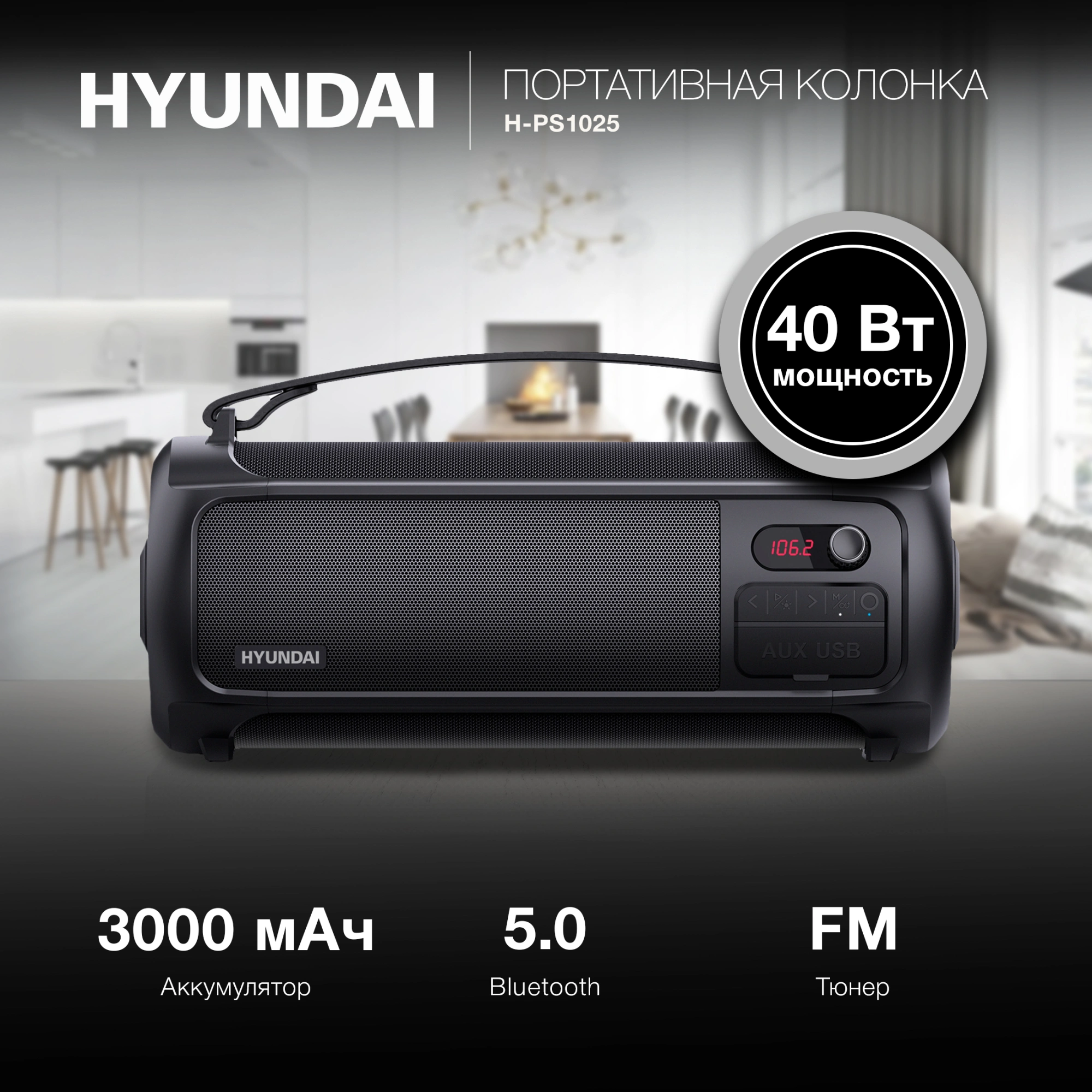 Колонка порт. Hyundai H-PS1025 черный 40W 2.0 BT 10м 3000mAh